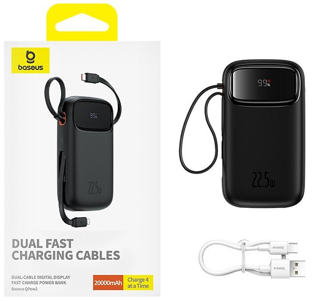 پاوربانک بیسوس QPow2 20000mAh 22.5W PPQD3‑20 با جعبه و یک کابل شارژ USB-C جداگانه.